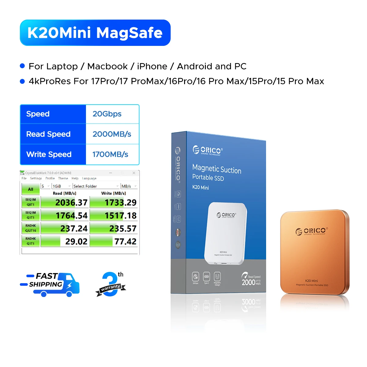 ORICO Mini magnetische externe SSD voor iPhone 16 15 Pro/Max ProRes 2000 MB/s 4K ProRes HDR Record en Store Portable Solid State
