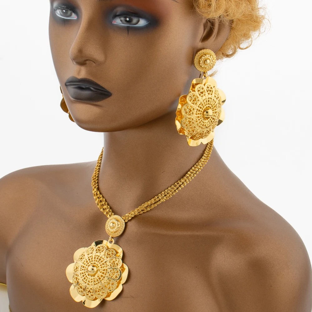 Dubai Gold Color Jewelry Set with Gift Box Exaggerate Flower Design Dangle Earrings and Necklace with Bangle Ring Set for Party