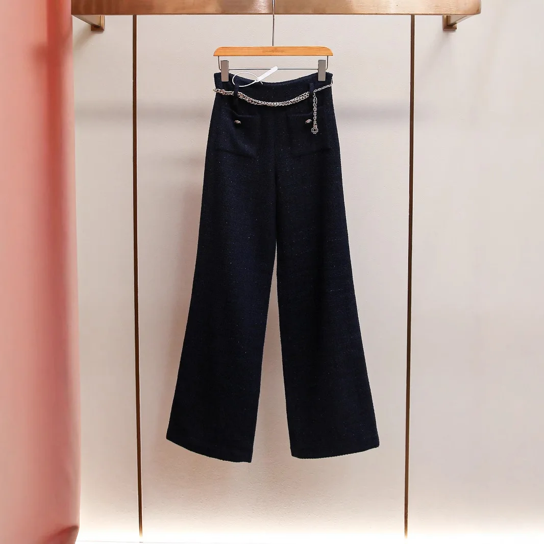 

Spring New Style Korean Retro Simple Loose Casual Versatile Chain Design Thick Tweed Wide Leg Pants Women's High Waist Straig...