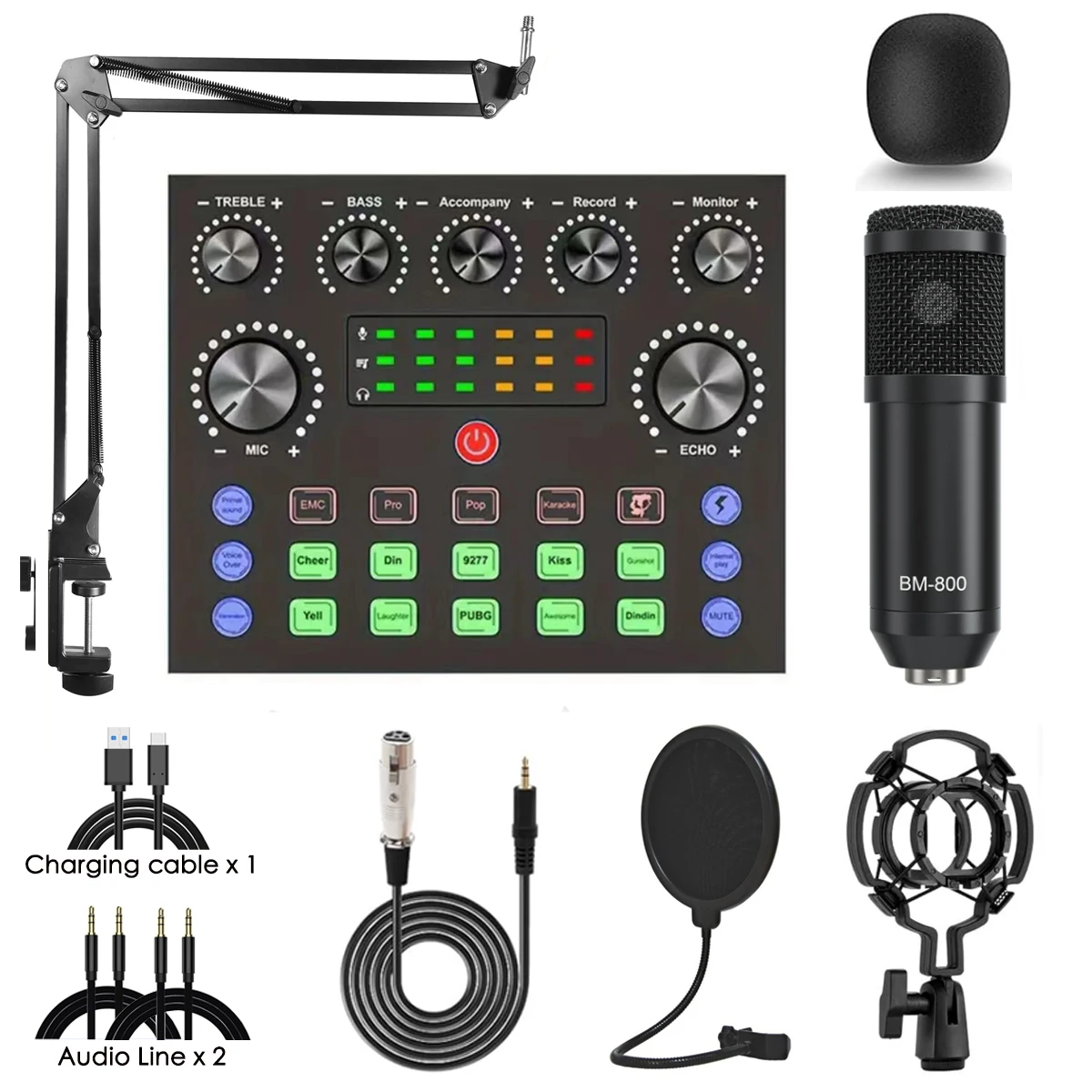 V8S Live Sound Card Wireless Bluetooth DJ Device Live Broadcast Sound Card with RGB Colorful Buttons BM-800 Microphone Sound Ca