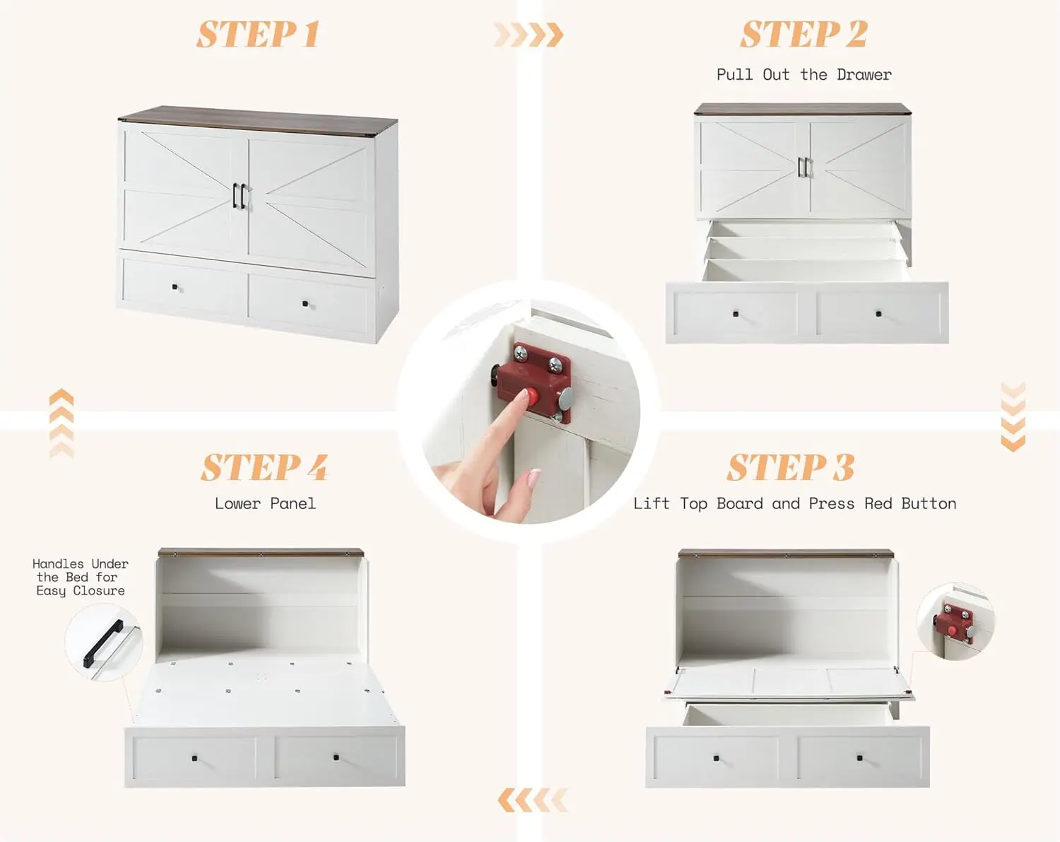 سرير ميرفي على طراز المزرعة مع مساحة تخزين ولوحة قابلة للطي ومحطة شحن لغرفة نوم الضيوف الهادئة