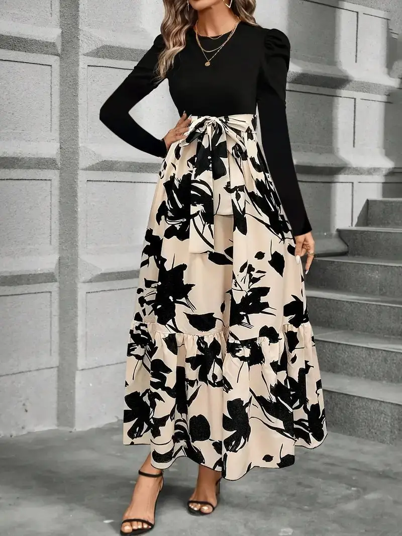 A Floral Print High-Waisted Long-Sleeved Dress Designed Specifically for Women, Featuring A Stylish, Elegant, and charming Desig