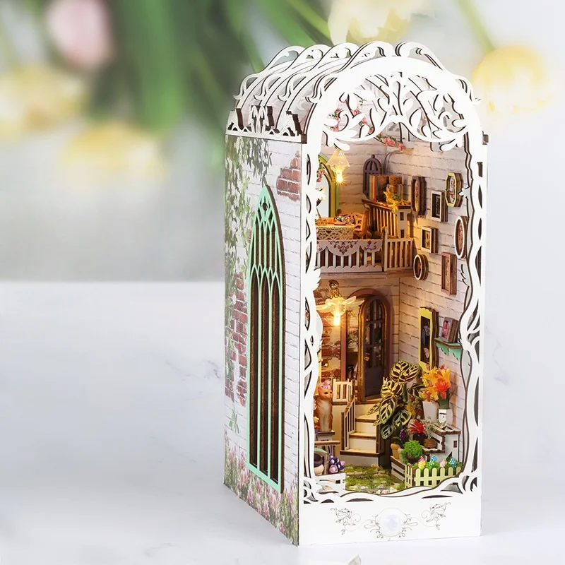 مجموعة أدوات DIY من Magic Sensing Bookend، منزل حديقة خشبي مصغر ثلاثي الأبعاد، هدية ديكور غرفة ذكية بإضاءة تلقائية #3