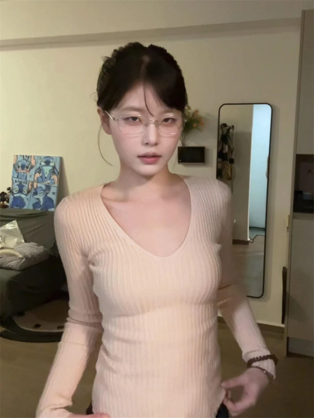 

Korean Style V-Neck Knitwear Women's Slim Fit Base Layer Top Soft Comfortable Commute Style Long Sleeve Short Length Color