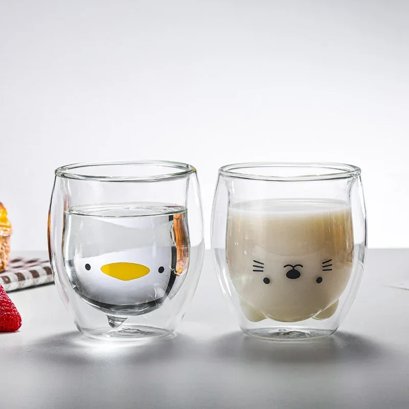 280ml Cute Bear Double-layer Coffee Mug Double Glass Cup Cartoon Animal Milk Glass Lady Cute Cat Duck Bear Cup Christmas Gift