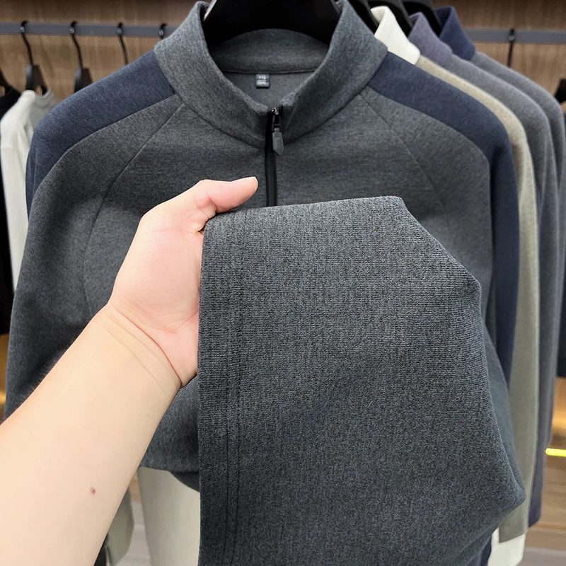 Trendiges T-Shirt mit halbem Reißverschluss und Stehkragen, bedruckt, Herbst-Winter, winddicht, warm, Farbblock-Design, langärmelig, Business-Casual-Herrenbekleidung – Detail 13