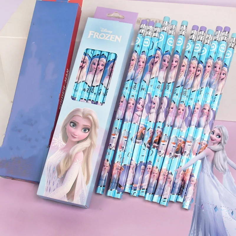 Anime Figure Disney Children's Pencils Stitch Frozen Elsa Round Rod Cute Students Cartoon 12Pcs Girls Boys School Pens Gifts