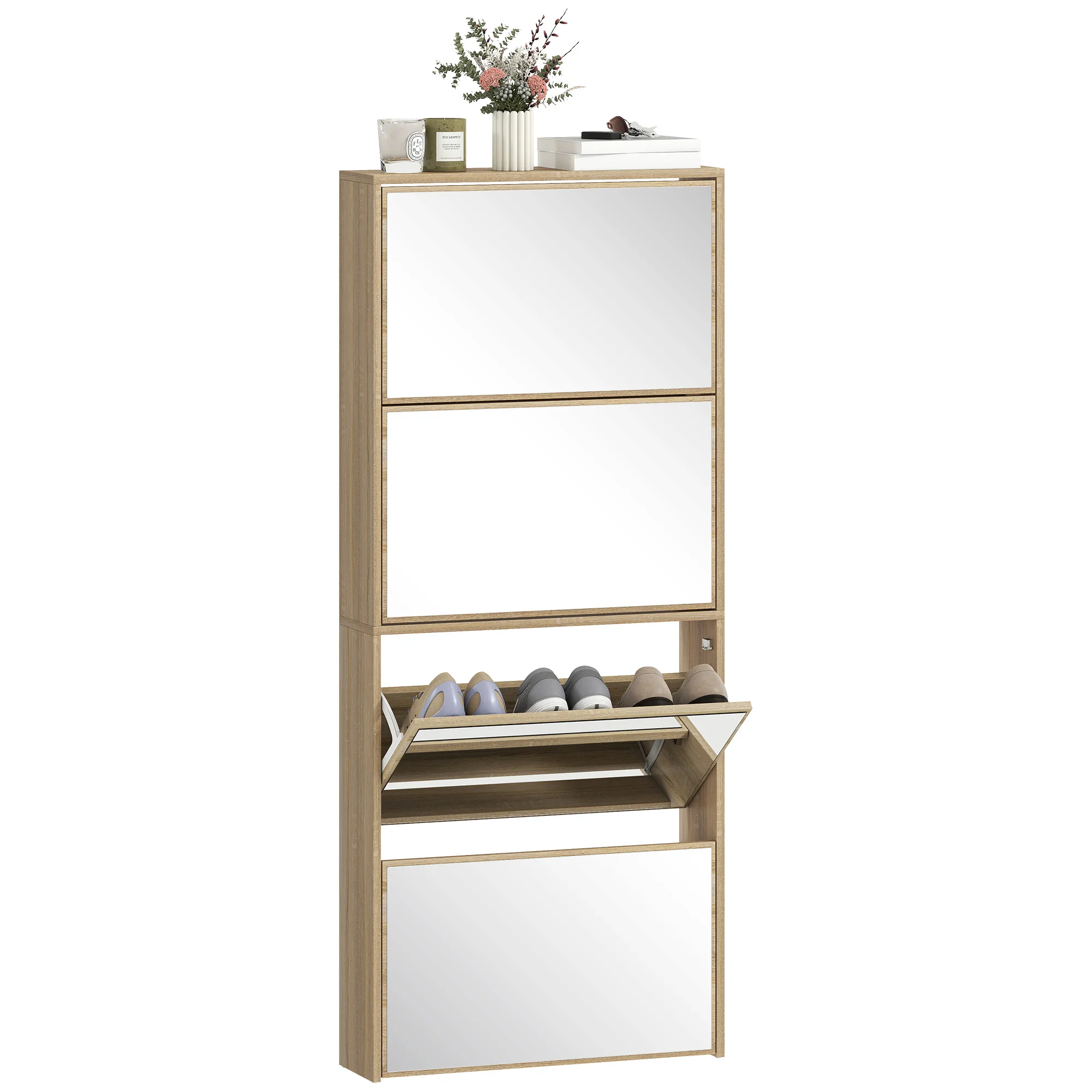 HOMCOM Zapatero Estrecho con Espejo y 4 Puertas Abatibles para 12 Pares de Zapatos 63x17x146 cm Natural — oferta en AliExpress