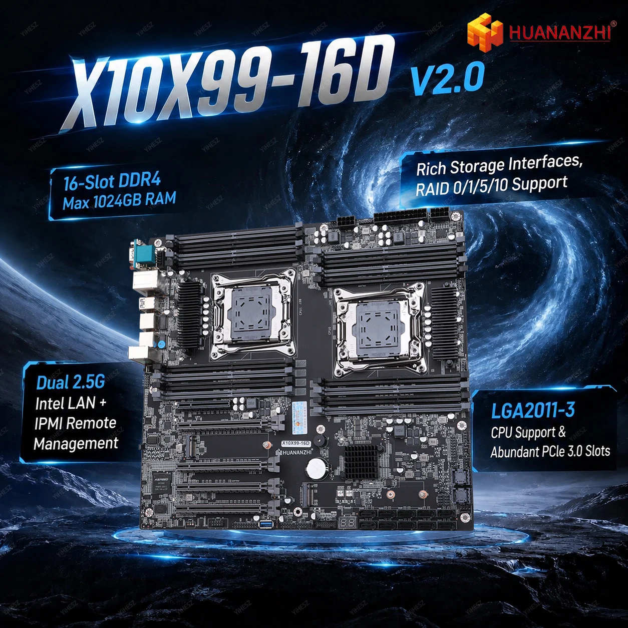 HNZ X10X99-16D V2.0 X99 Motherboard LGA2011-3 C612 16xDDR4 1024GB Quad Channel 2xM.2 NVMe 3xPCIe x16 Dual 2.5G LAN E-ATX Server
