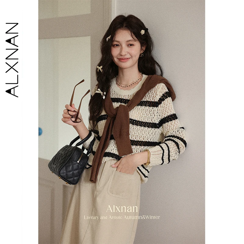 

ALXNAN женские полосатые пуловеры, цветные полые трикотажные изделия с длинными рукавами, осень 2023, элегантные повседневные свитера свободного покроя L56873