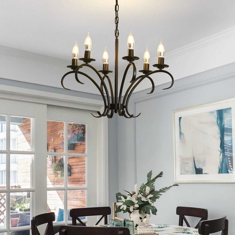 Vintage Wrought Iron LED Chandelier Candle Light Black Metal Lighting Fixture for Living Room Foyer Hanging Pendant Lamp