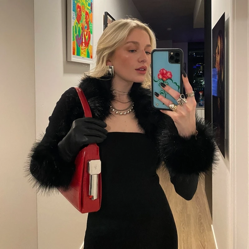 WhereMery Sexy Gola de Pele Cardigan Manga Longa Tops Curtos e Bainha Preta Macacões Mulheres Spice Girls Outono Festa 2 Peças Conjuntos
