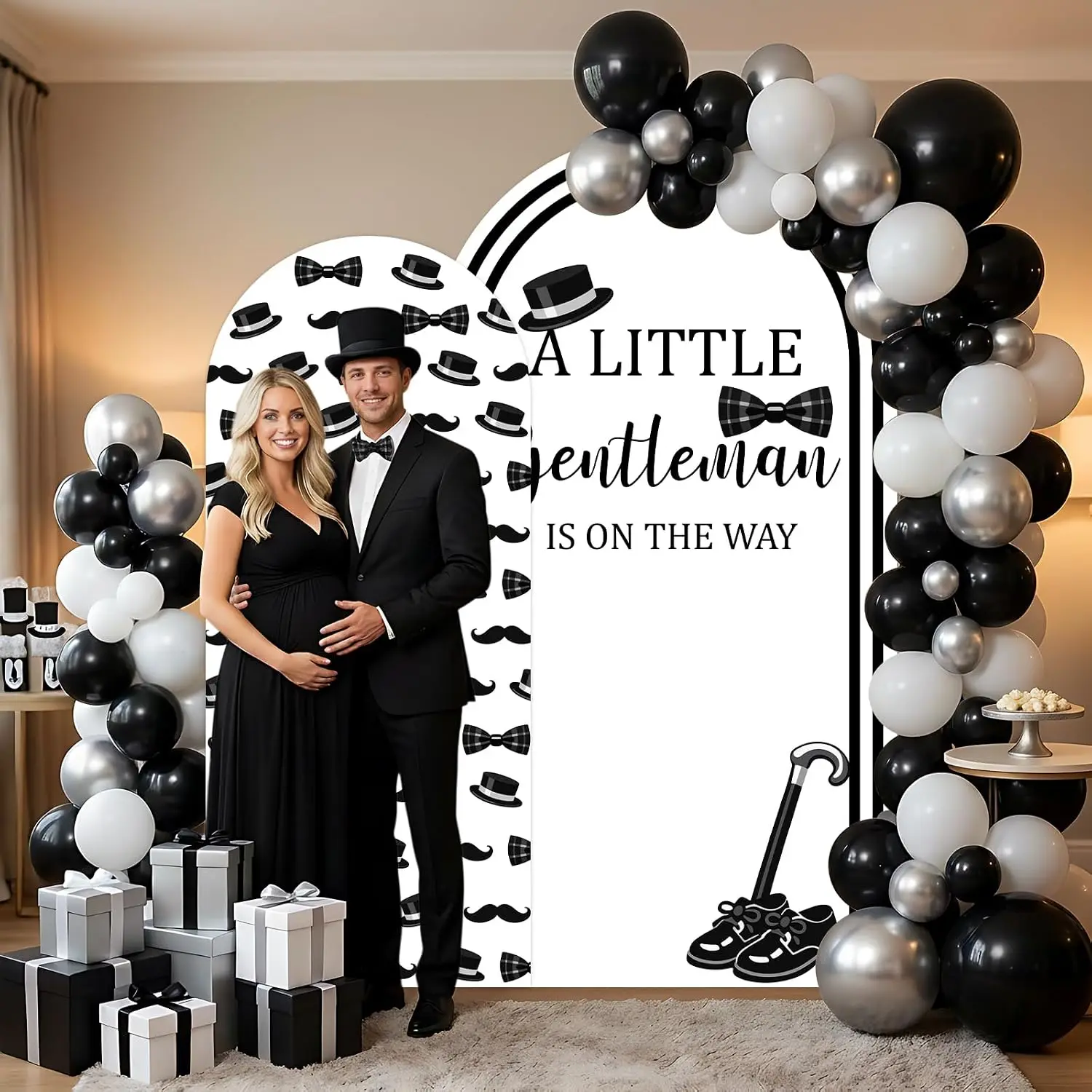 Custom 2-sided Little Gentleman is on the Way Baby Shower Arch Backdrop Cover Black White Bow Tie Hat Boy Gender Reveal Party