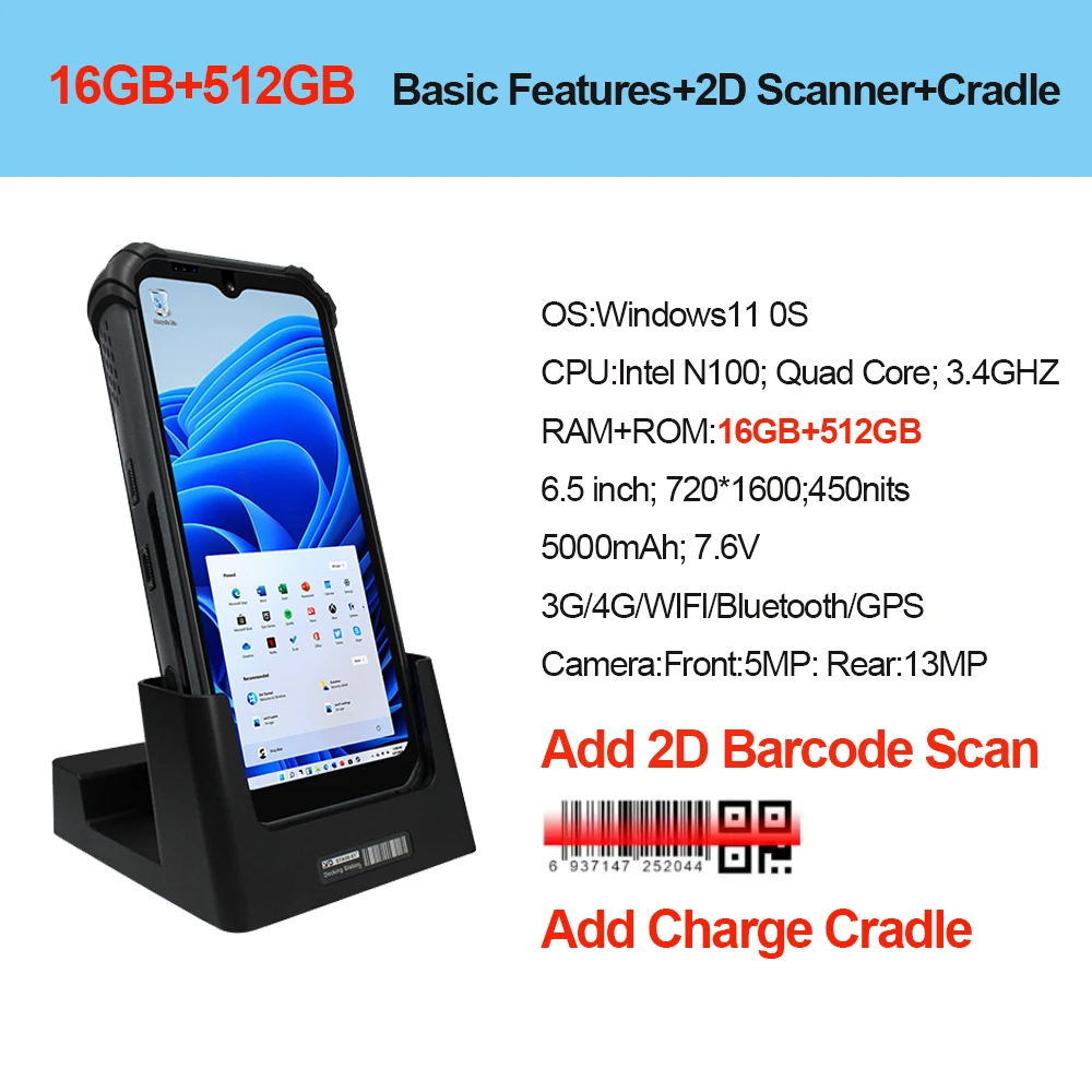 6,5" Robuuste PDA Windows 11 Pro 16G+512G Intel N100 IP67 Waterdicht 4G/WiFi/Bluetooth 10000mAh Snel opladen 2D-laadstation