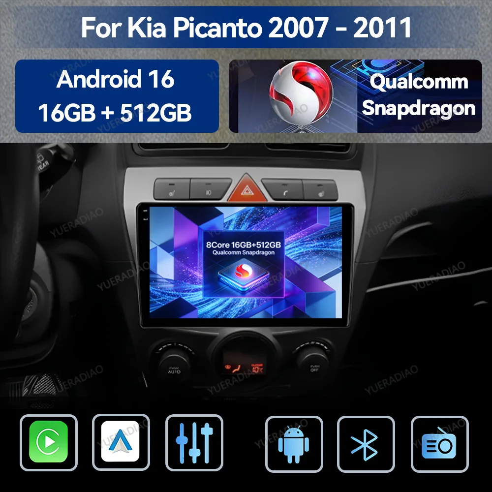 Android 16 Car Radio For Kia Morning Picanto 2007 - 2010 Qualcomm BT 4G WIFI 2DIN QLED Multimedia Video Player Head Unit NAVI