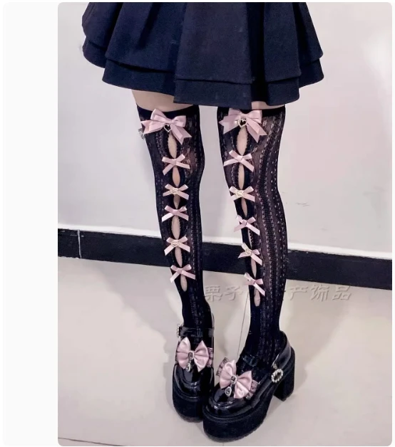 Japanese Style Handmade Hollow Out Bow Lace High Tube Socks Mine Series Student Girls Cotton Knee Socks Lolita Mid-Calf Socks