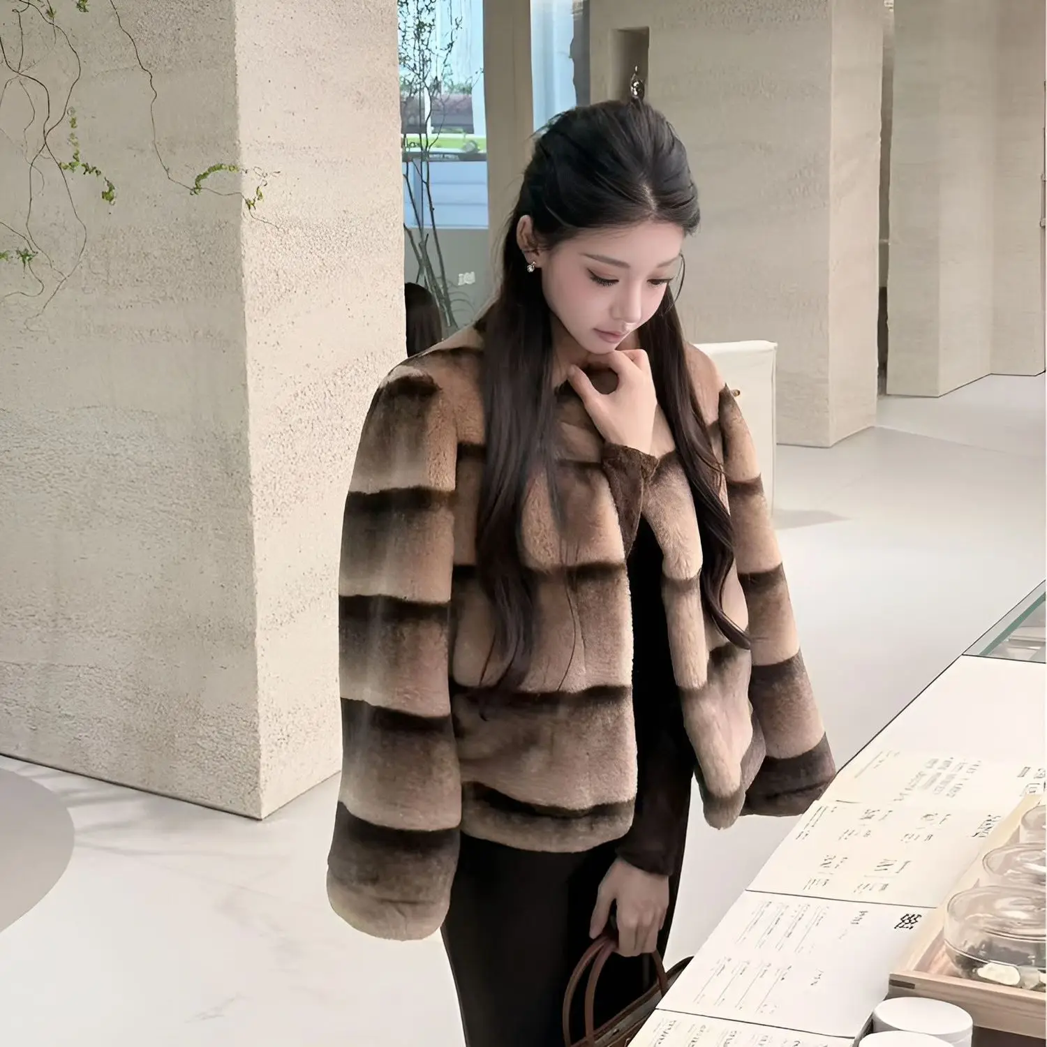 Ombre Dye Coat Women's Cropped Stand Collar Jacket Luxe Faux Fur Oversized Winter Coat