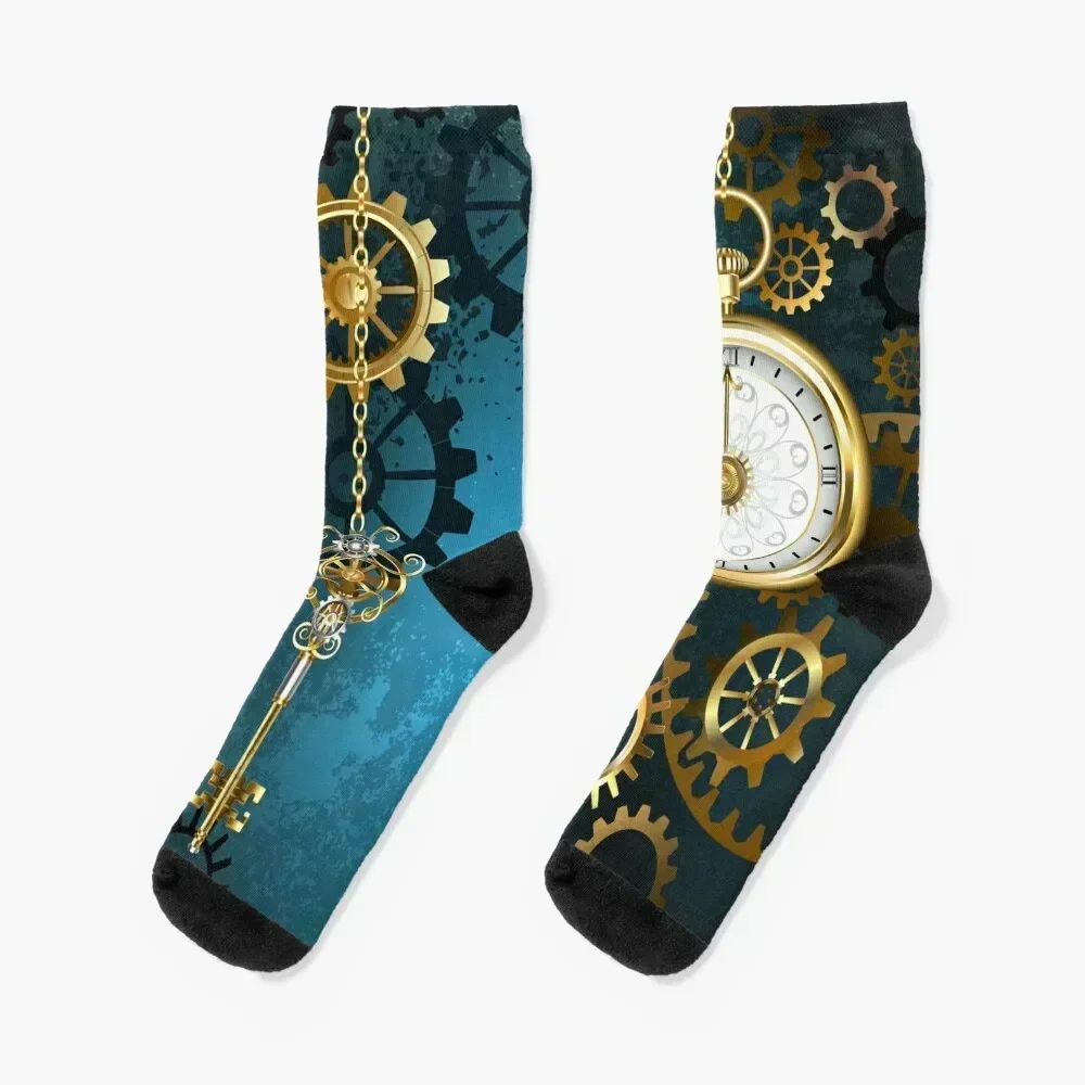 

Turquoise Background with Gears ( Steampunk ) Socks hiphop Stockings man kids new year Socks Woman Men's