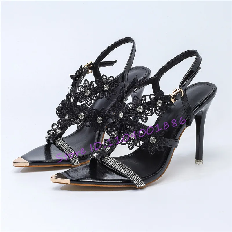 

Flower Design Hollow Women Sandals Rhinestone Strap Pointed Toe Ankle Buckle High Heels Summer New Party Female Shoes Big Size