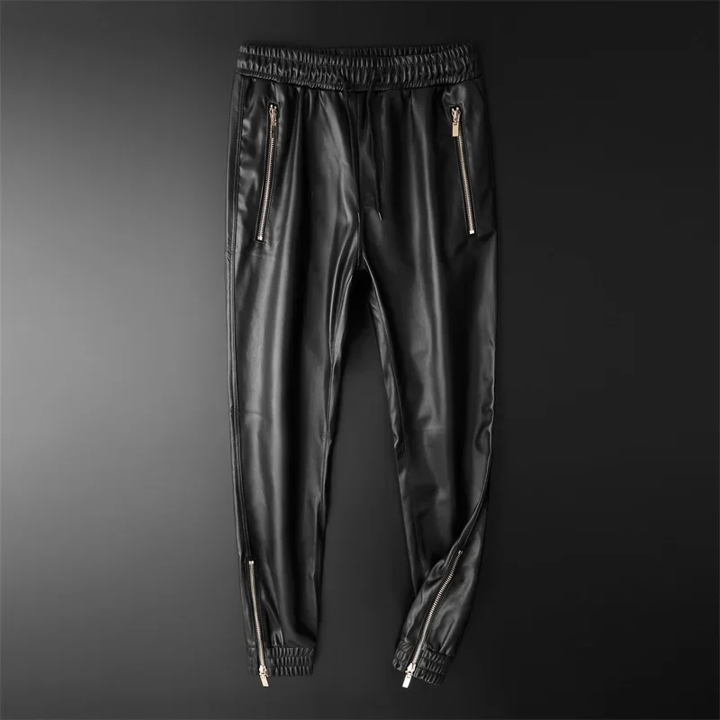 

Men's Leather Pants Superior Quality Elastic Waist Jogger Pants PU Leather Motorcycle Trousers Biker's Pants