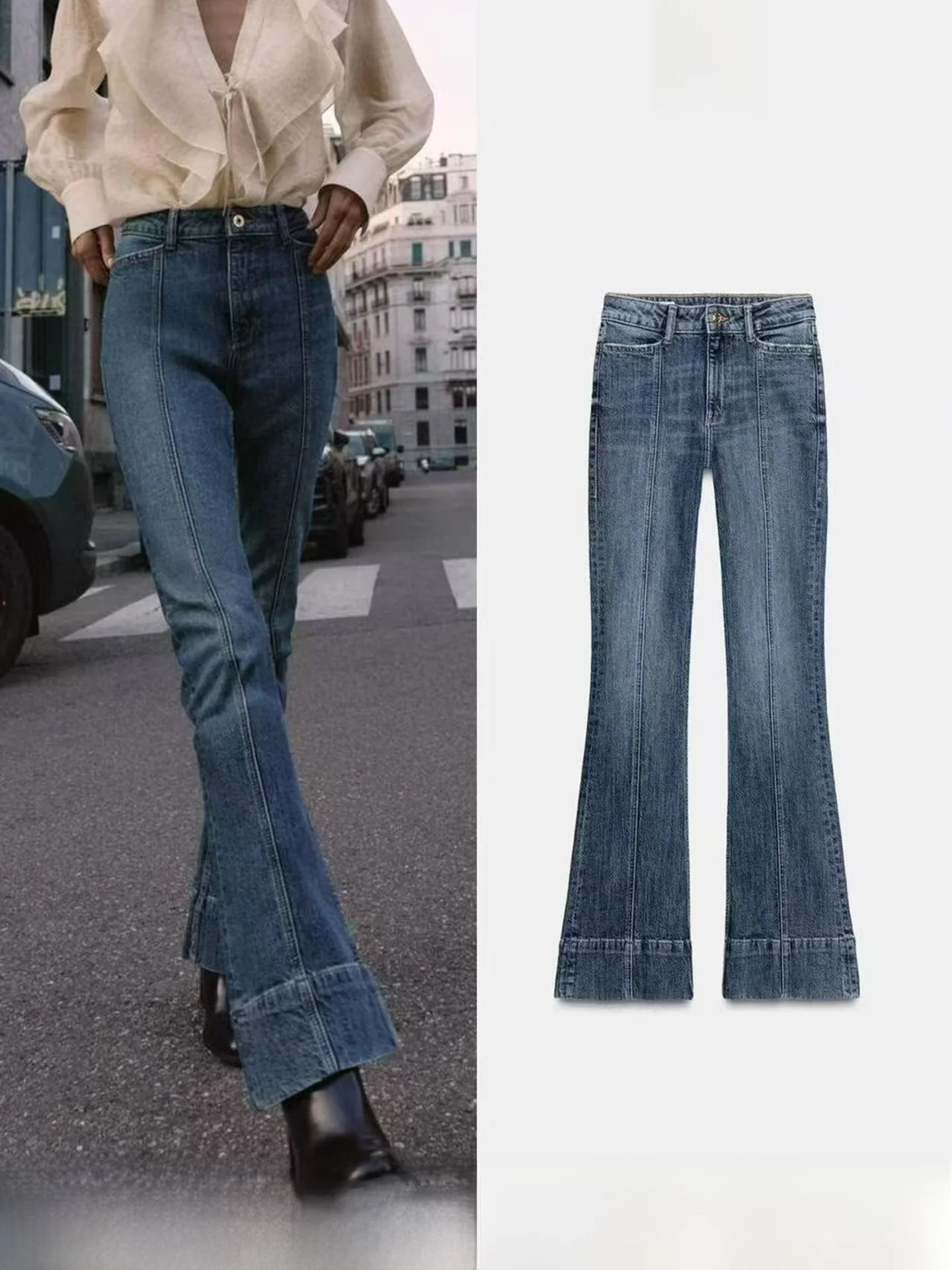 

Slim Fit Bootcut Denim Jeans Women's Fashion New Arrival Pleated mid Waist Bell Shape Folded Cotton Casual Style Winter Season