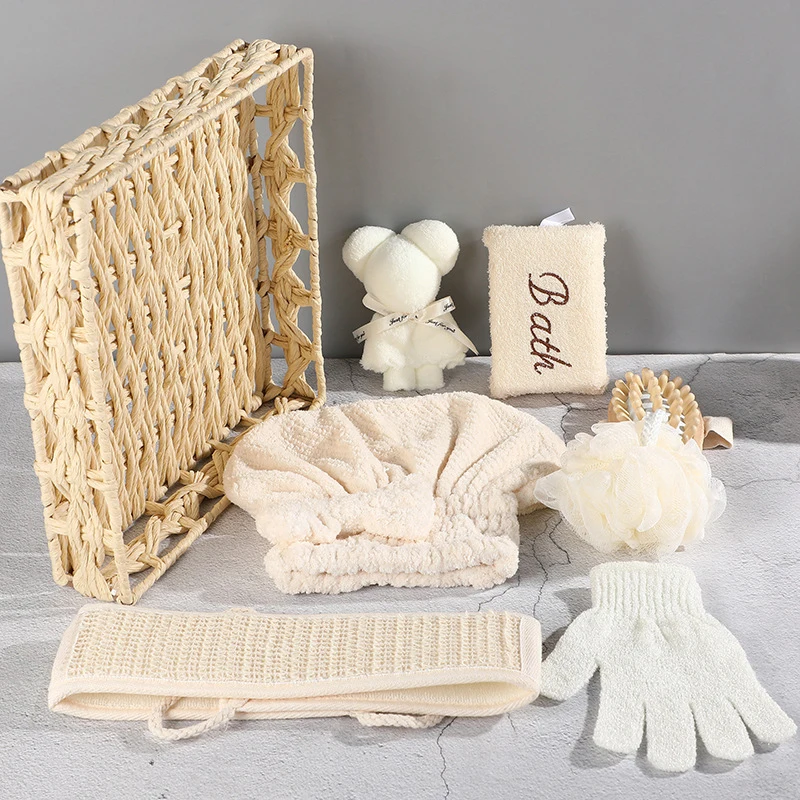 1 Set Spa Gift Cute Bear Basket Bathing Skin Cleaning Kit Spa Gift For Women Sisal Bath Flower Kit Back Scrubber Gloves Massager