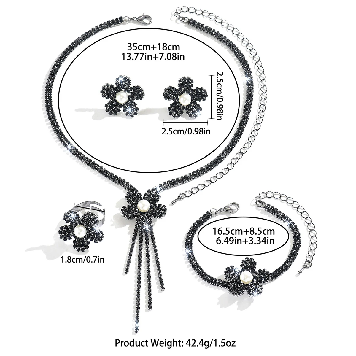 Luxury Silver Floral Pearl Crystal 5-Piece Jewelry Kit For Prom Night Bridesmaid Stage Performance Dinner Gatherin