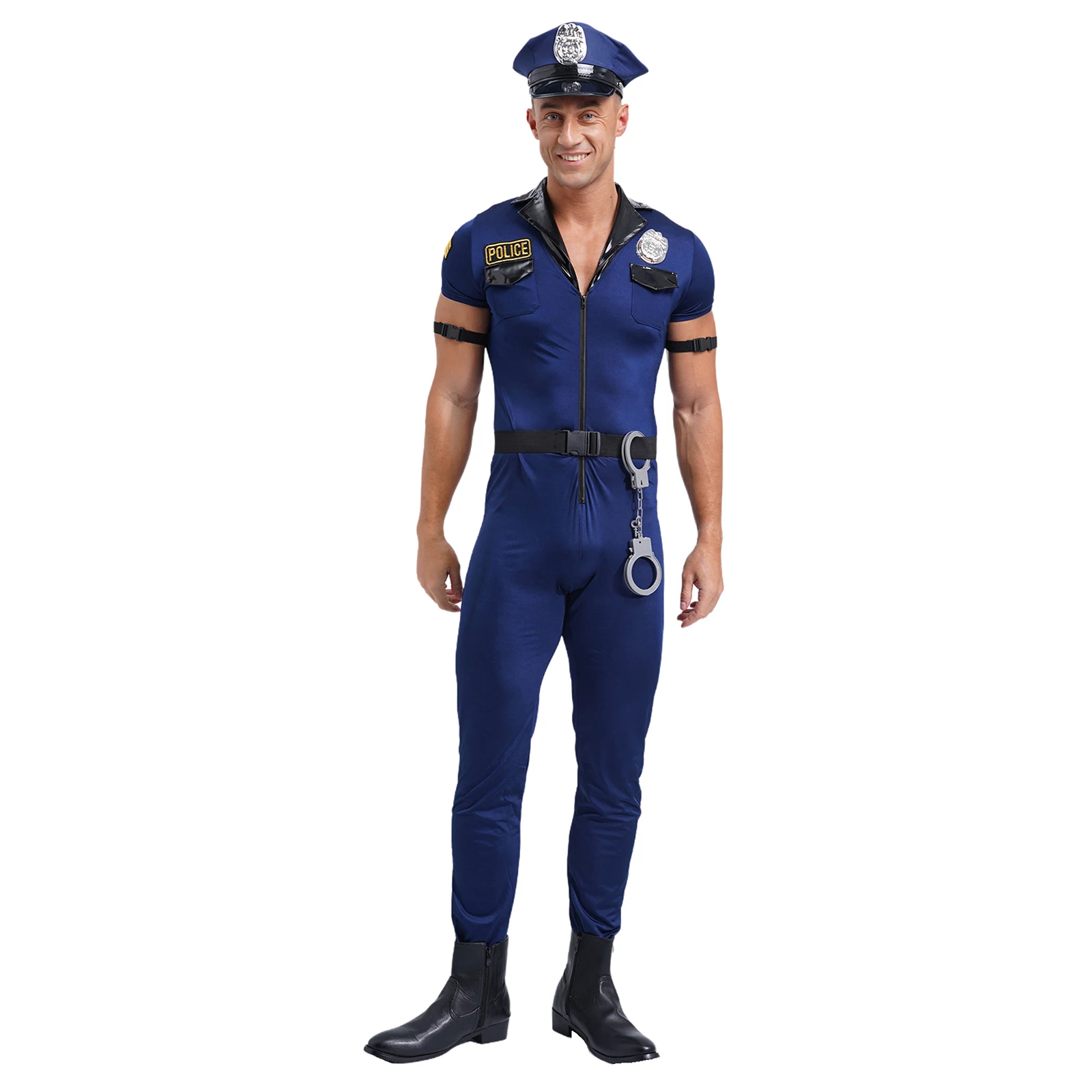 

Mens Police Cosplay Costumes Dirty Cop Uniforms Zipper Short Sleeve Jumpsuit with Manacles Badge 7Pcs Cop Costumes for Halloween