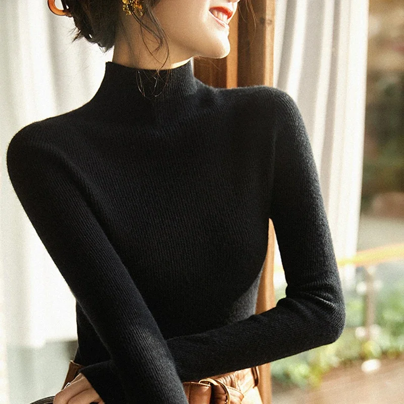 เทคโนโลยีอิตาลีผ้าขนสัตว์อินทรีย์แคชเมียร์ไม่มีรอยต่อกึ่งสูงคอถักฤดูใบไม้ร่วงและฤดูหนาวเสื้อด้านล่างหลากสี