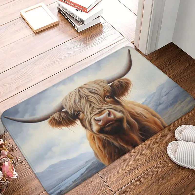 Custom Highland Cow And Flower Doormat Anti-Slip Kitchen Bath Mat Garden Garage Floor Door Entrance Carpet Rug