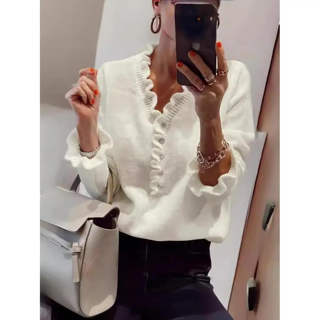 

Long Sve Ruffled Knitted Sweater for Women Spring 2023 Viscose Fabric Regular Sve Length Brand Unbranded Single Piece