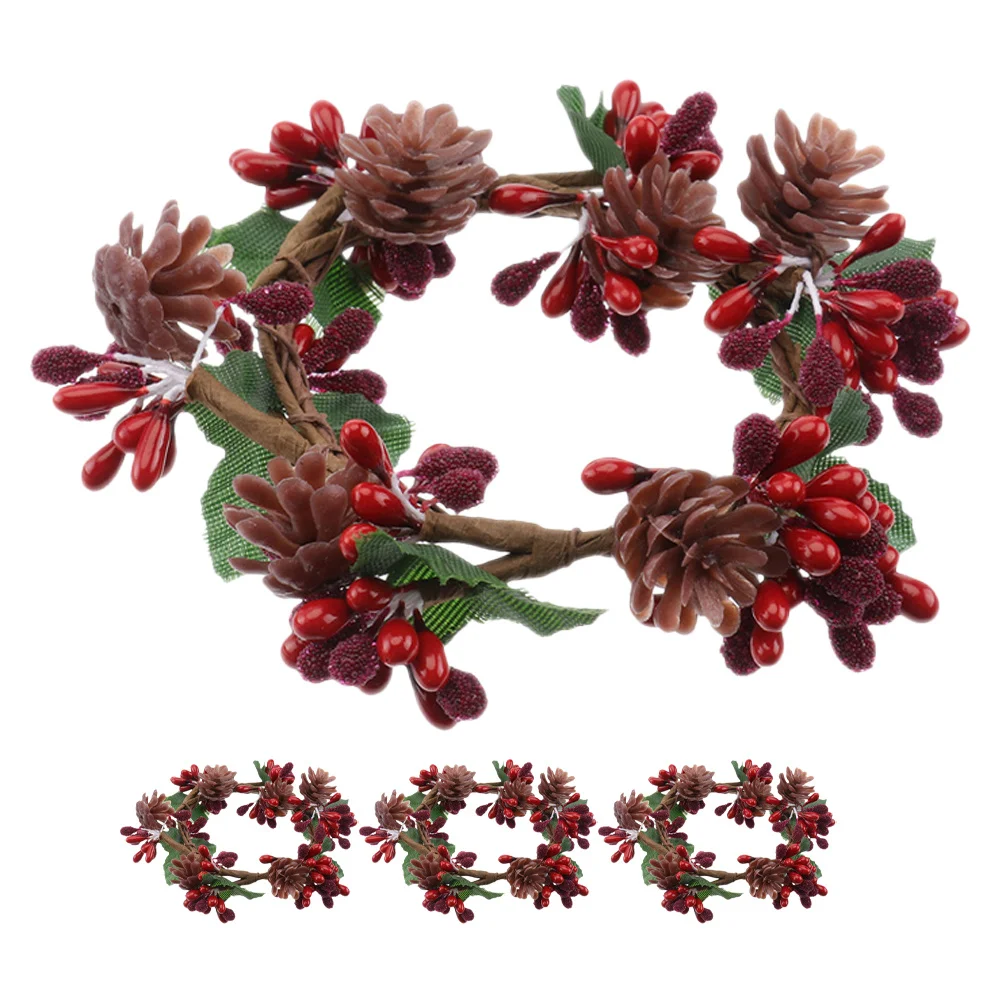 

4Pcs Realistic Pine Cone Rings with Red Berries, Festive Table Wreath for Christmas Holder Decoration