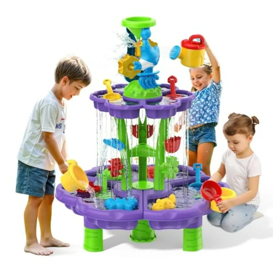 Outdoor water sand play table for toddlers, plastic, purple, 2-tier sensory activity table for summer splash, party, and birthd