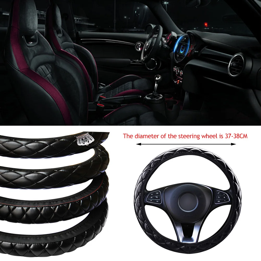 Soft Leather Steering Wheel Cover Car Steering Wheel Cover Crystal Crown Steering Non-slip Protective Interior Accessories