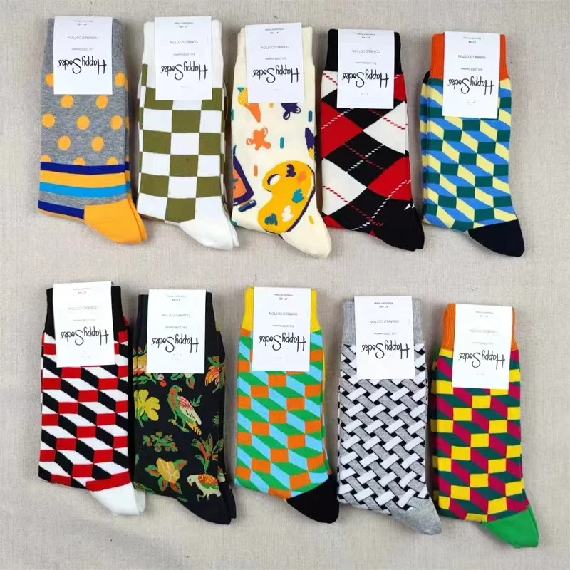 Men's Diamond Check Socks Four Seasons Pure Cotton Geometric Pattern Sports Socks