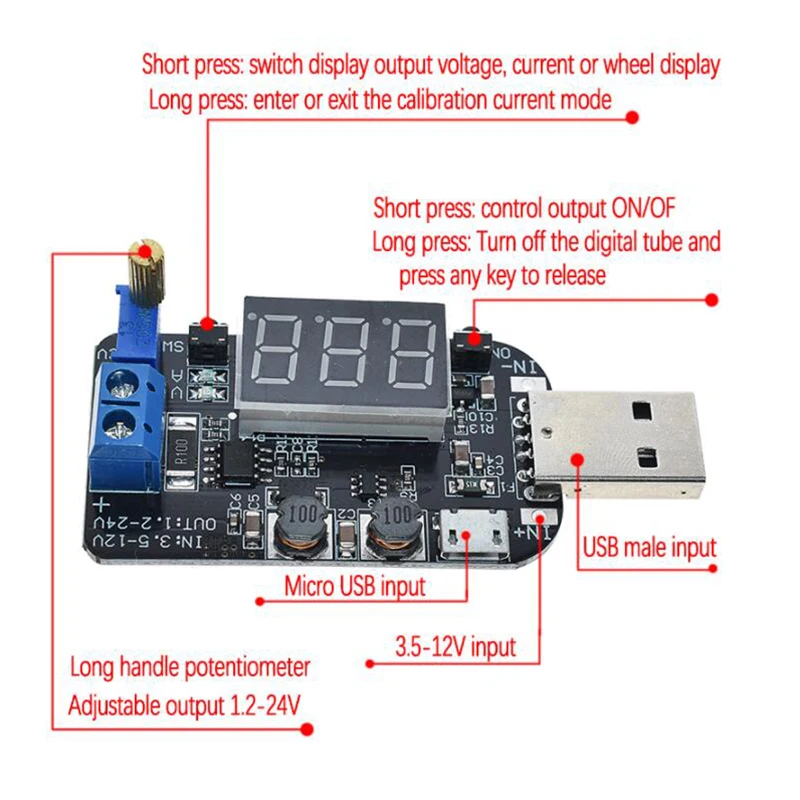 Current USB Micro USB Adjustable 5V to 9V 12V 18V 24V Buck-Boost Power Supply Voltage Regulator Module LED DisplayT1