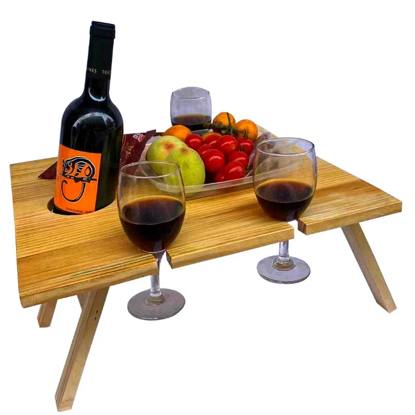 Outdoor Wine Picnic Table, Folding Portable Wood Camping Snack Table with Wine Bottle and Glass Holder, 34x30cm, 30x24cm