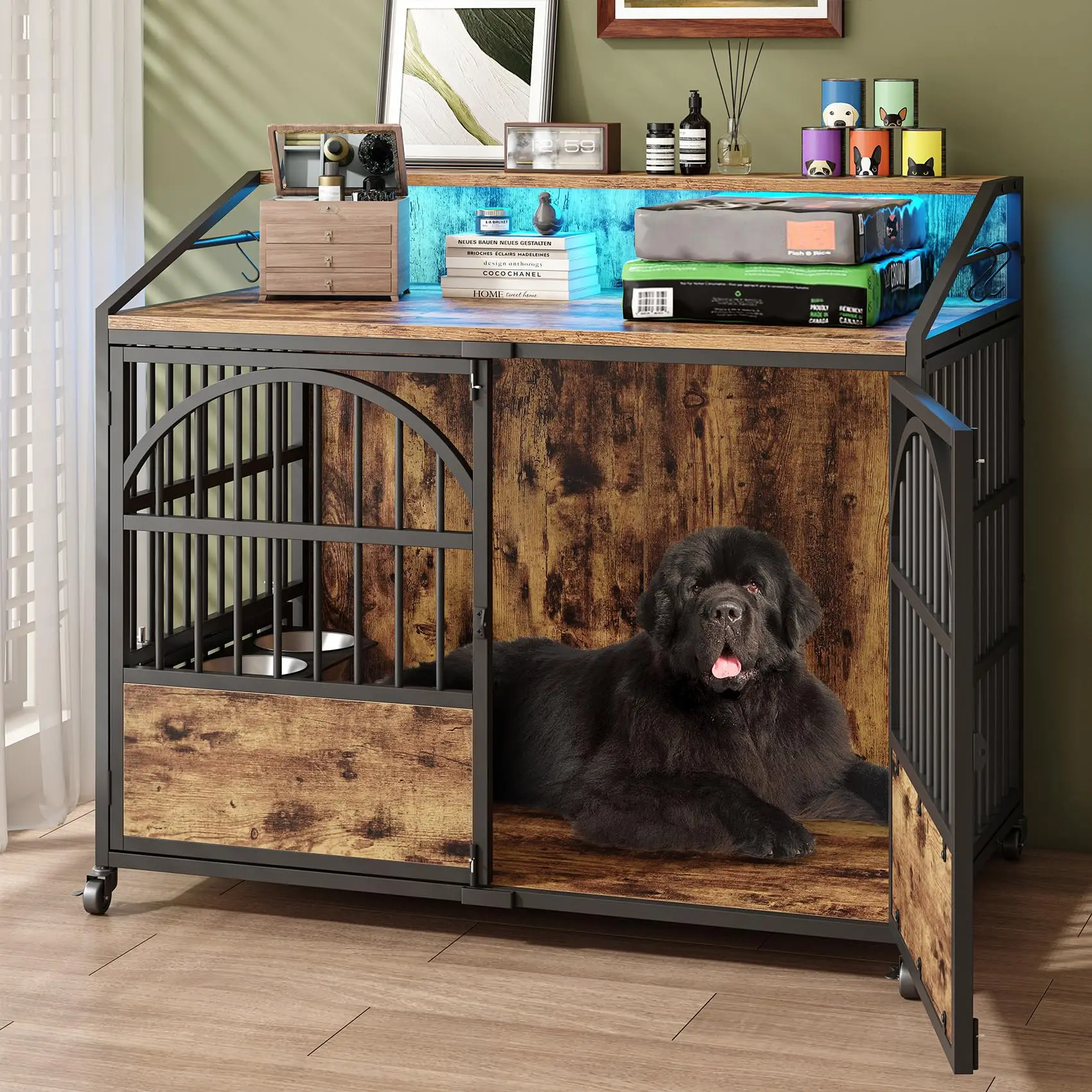 44 Inch Heavy Duty Dog Crate Furniture with 3 Doors, Dog Kennel with 360° Stainless Steel Bowls, Lockable Wheels, Wood