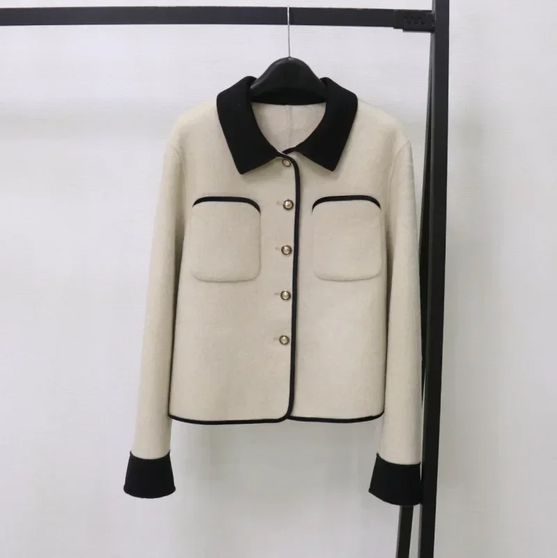 Anti-season Xiaoxiangfeng double-sided cashmere coat women's short wool jacket Korean version contrasting color casual