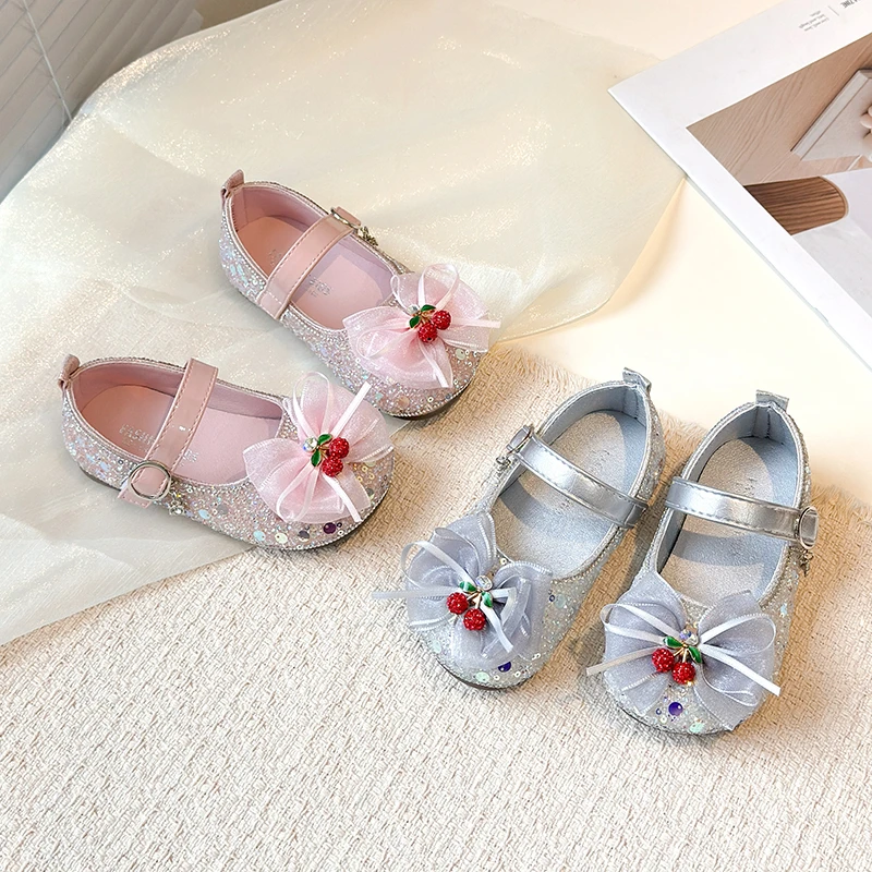 

Spring Girl's Princess Shoes Cherry Bowknot Pendant Bling Kid's Flat Shoe Solid Colors Anti-slip Cute Charming Children Shoes