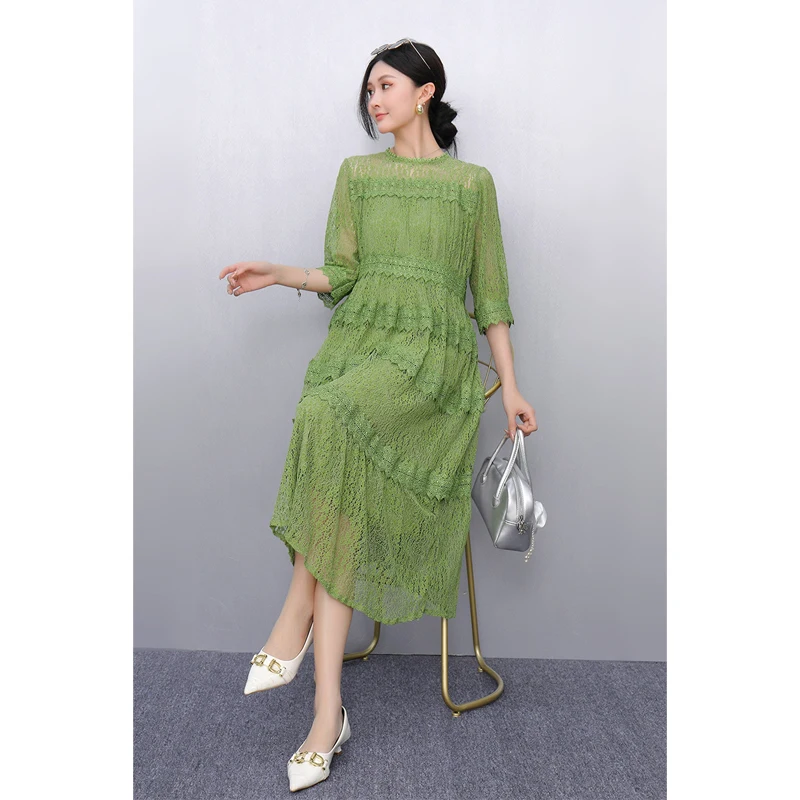 2025 ربيع وصيف جديد أنيق تفريغ الدانتيل فساتين طويلة فضفاضة النساء موضة فستان قصير الأكمام السيدات بالجملة J944