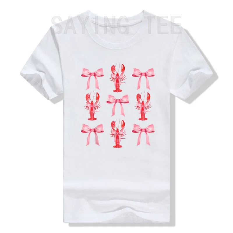 Pink Bow Cute Coquette Crawfish Y2k Clean Girl Aesthetic T-Shirt Womens Fashion Clothes Lovely Gift Short Sleeve Graphic Tee Top