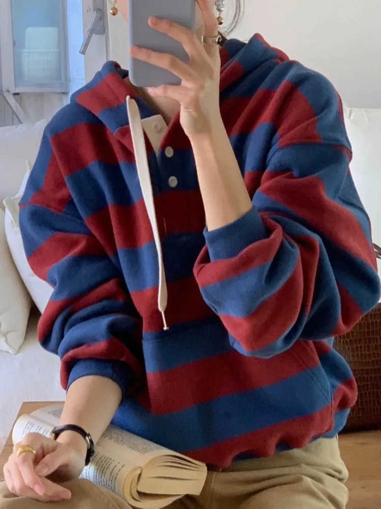 Damska bluza z kapturem w retro paski, hit sezonu, luksusowa, swobodna, modna bluza, szykowna, bez marki...