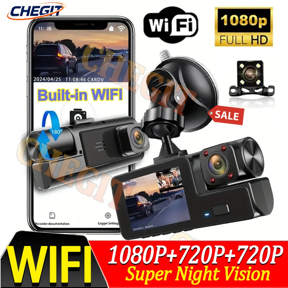 WIFI APP 3 Camera Dash Cam DVR recorder W/ IR Night Vision Loop Recording & 2