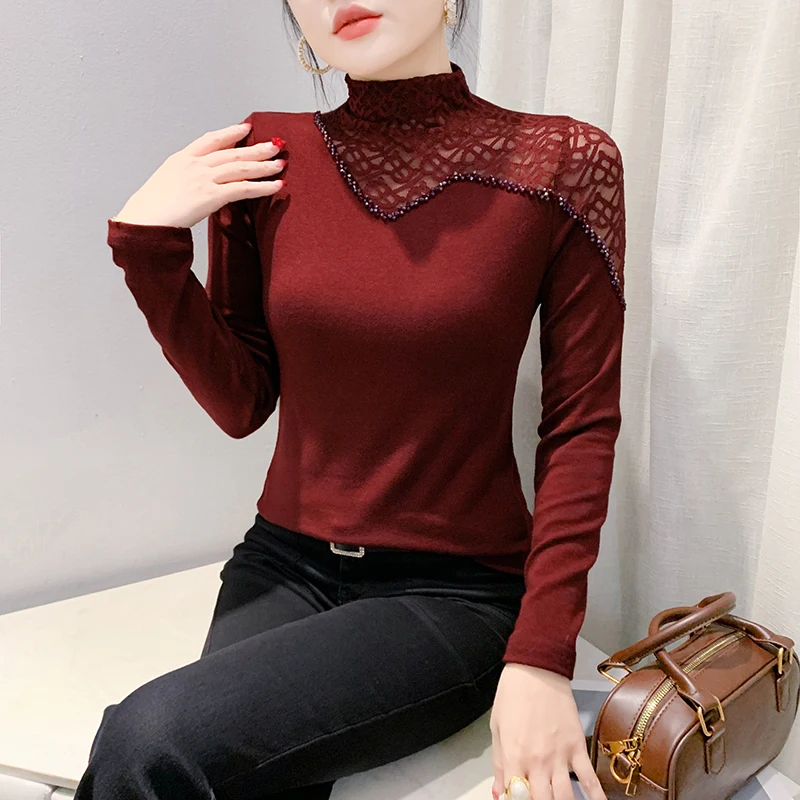 2025 Classic Embroidered Flares Cotton High Quality T-shirt Autumn Winter Woman Long Sleeve Top Half Turtleneck Hollow Out
