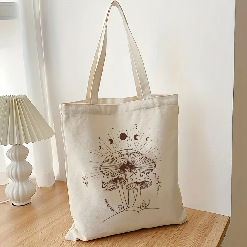 Mushroom Spiritual Moon Pattern Tote Bag, Canvas Trendy Folding Shoulder Bag For Daily Commuting, Women\'s Shopping Bag