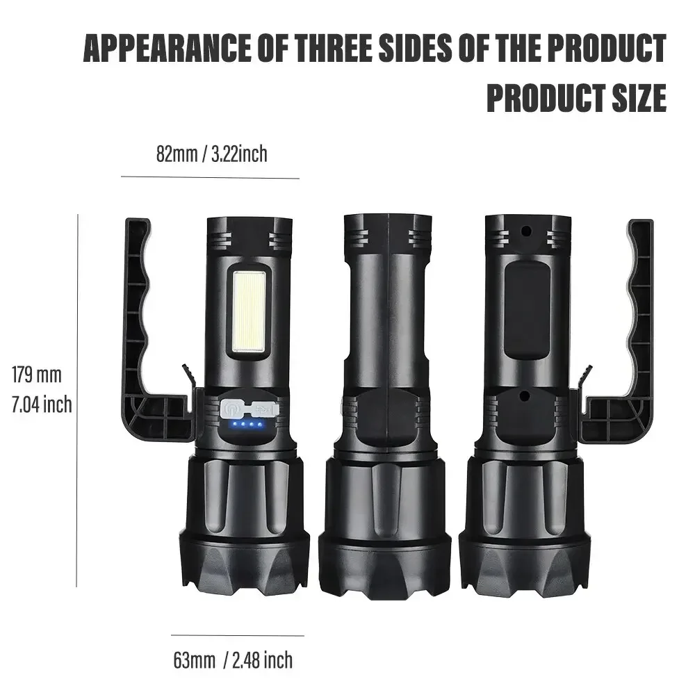 مصباح يدوي LED محمول فائق السطوع ، كشاف ضوئي قابل لإعادة الشحن ، مصباح جانبي COB ، عالي الطاقة ، تكبير تلسكوبي داعم ، 2 في 1 ، 30 واط