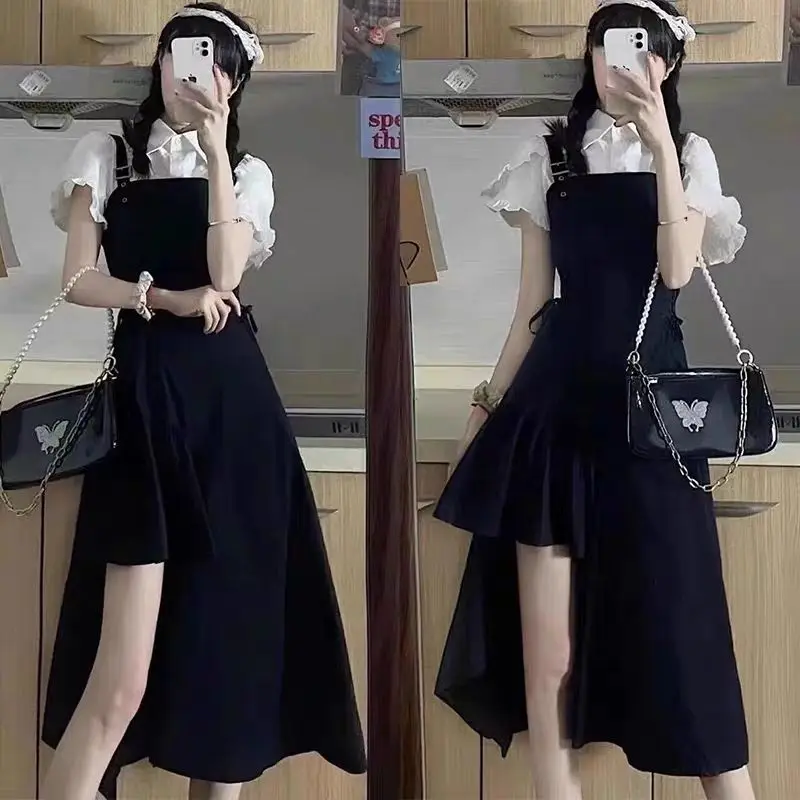 Korean College Wind Irregular Suspender Dress Women Summer 2024 New Fashion Sweet Design Sense Waist Slim Skirt With Strap Suit