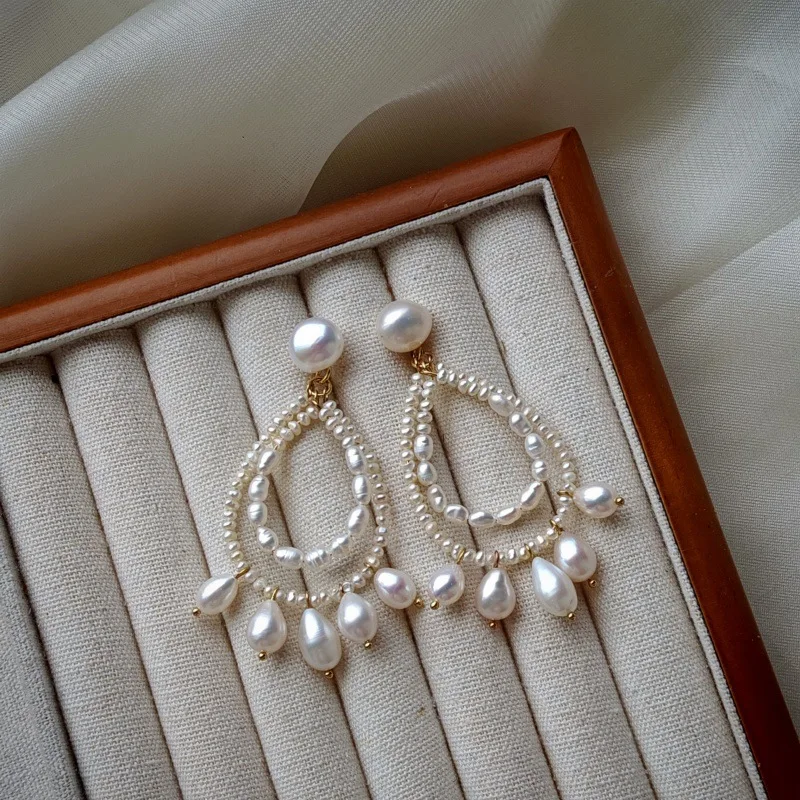 

Original Design Natural Freshwater Pearl Drop Earrings Handmade High-end Medium and Long French Stud Earrings