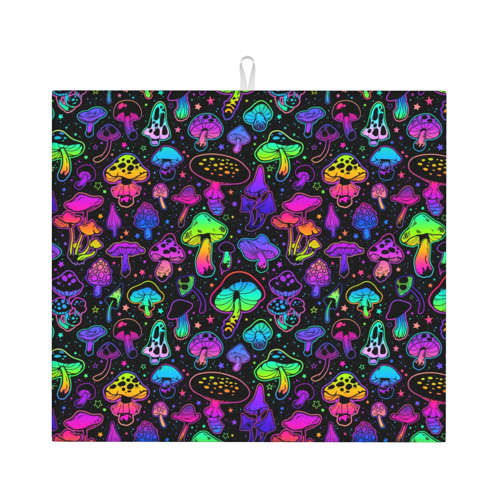 Drying Mat For Kitchen Psychedelic Trippy Magic Rainbow Mushroom Mysterious Boho Barware Washable Kitchen Sink Drying Pad